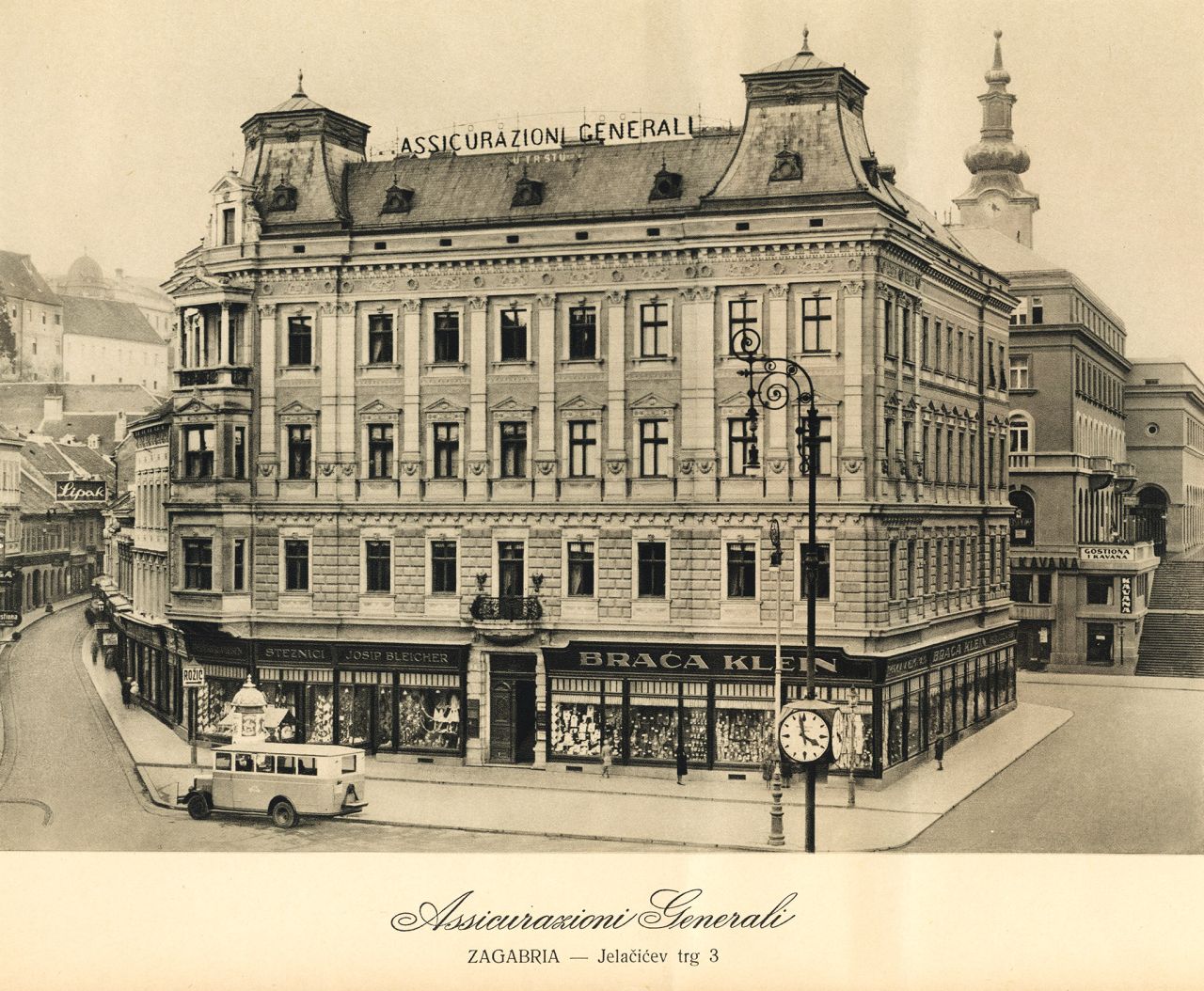 Palača Pongratz, izgrađena 1884. godine na mjestu rodne kuće Antuna Mihanovića, Trg bana Jelačića, fotografija oko 1930. godine